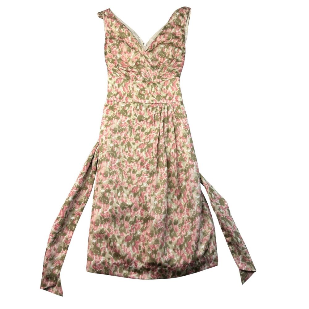 Talbots Dress Women's 4 Pink Green Watercolor Floral Print Bow V-Neck Pleated